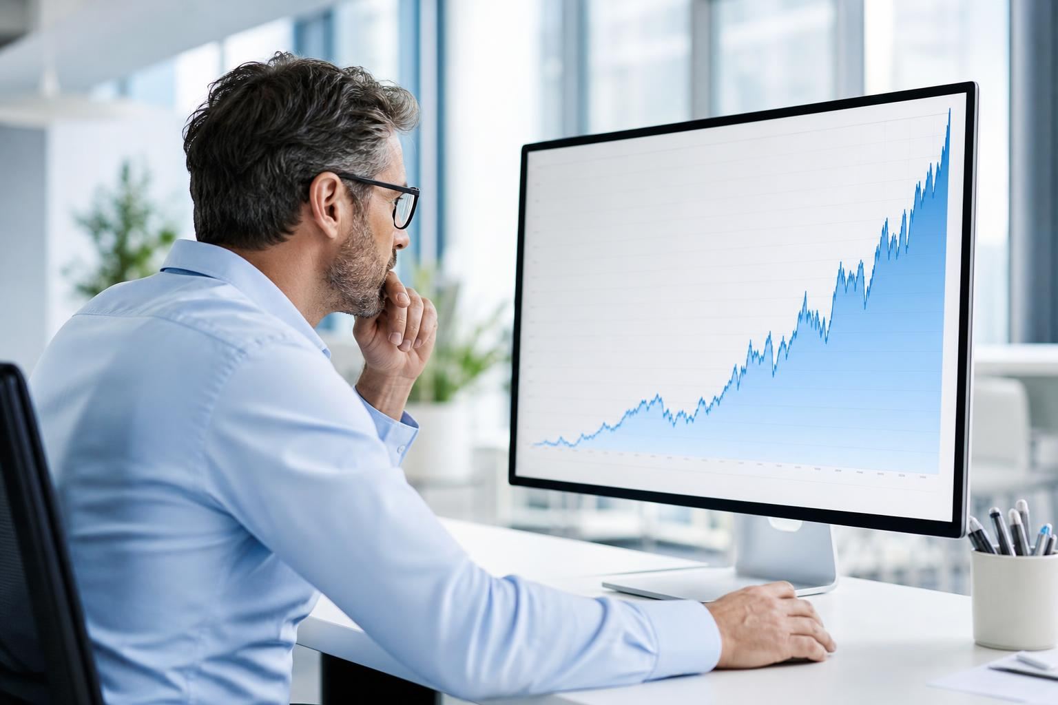 Analyste SEO étudiant une courbe de progression ascendante sur un grand écran