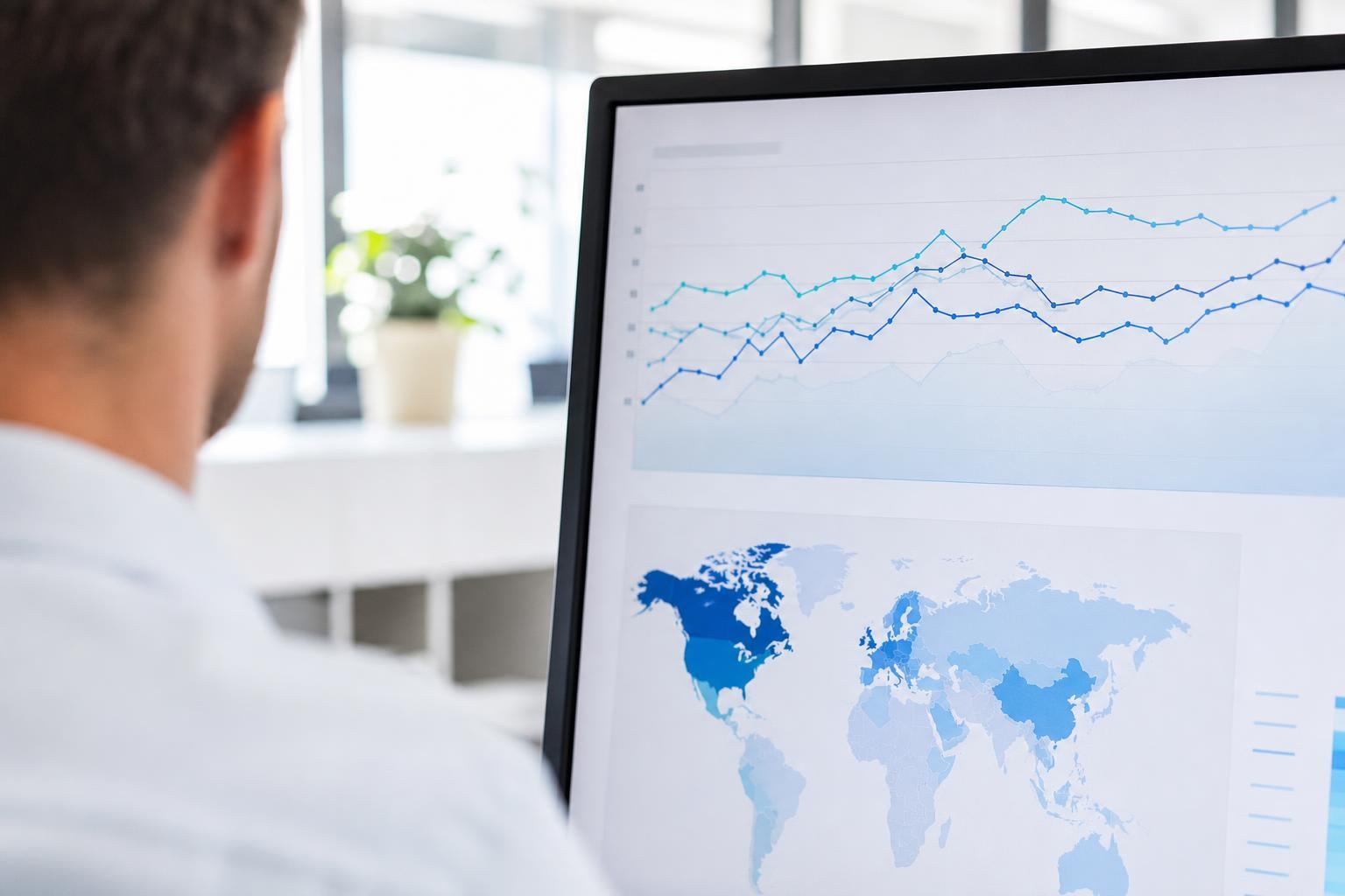 Écran affichant des graphiques d'analyse d'audience web et des courbes de progression