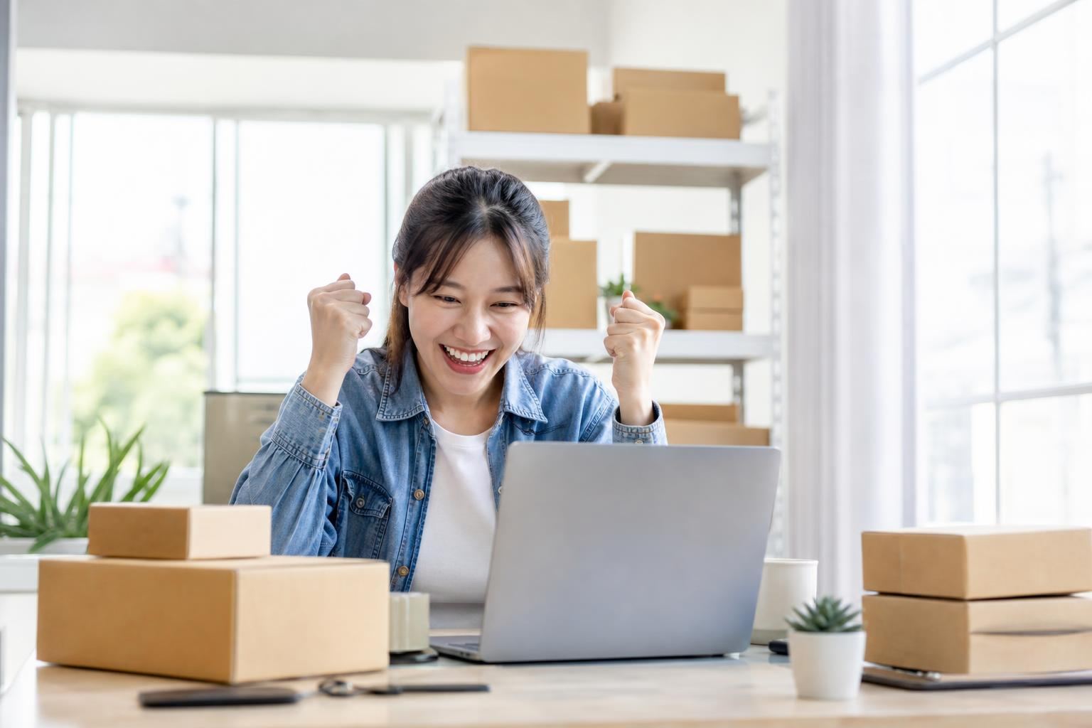 Entrepreneur en commerce en ligne travaillant sur son ordinateur portable